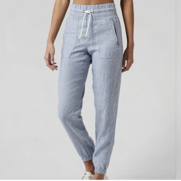 Casual Blue Linen Joggers with Zipper Pockets - Picture 9 of 9